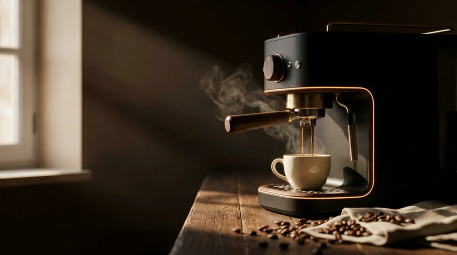 Machine expresso et tasse de café dans une cuisine de campagne, vapeur dans la lumière du matin