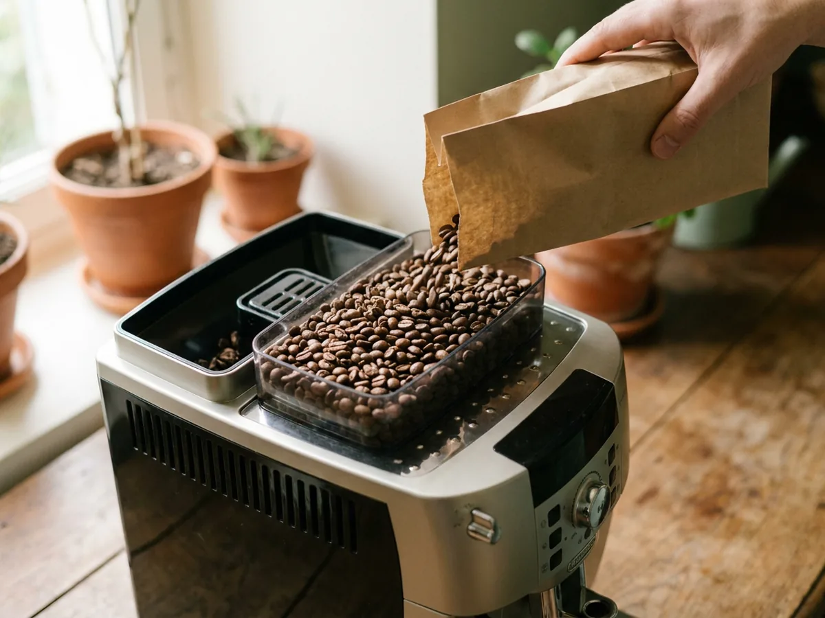 Bac à grain ouvert d'une machine à café automatique rempli de grains bruns secs, une main versant depuis un sachet kraft