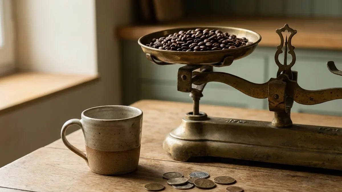 Balance de cuisine ancienne en laiton portant des grains de café, à côté d'une tasse en grès artisanal et de quelques pièces de monnaie