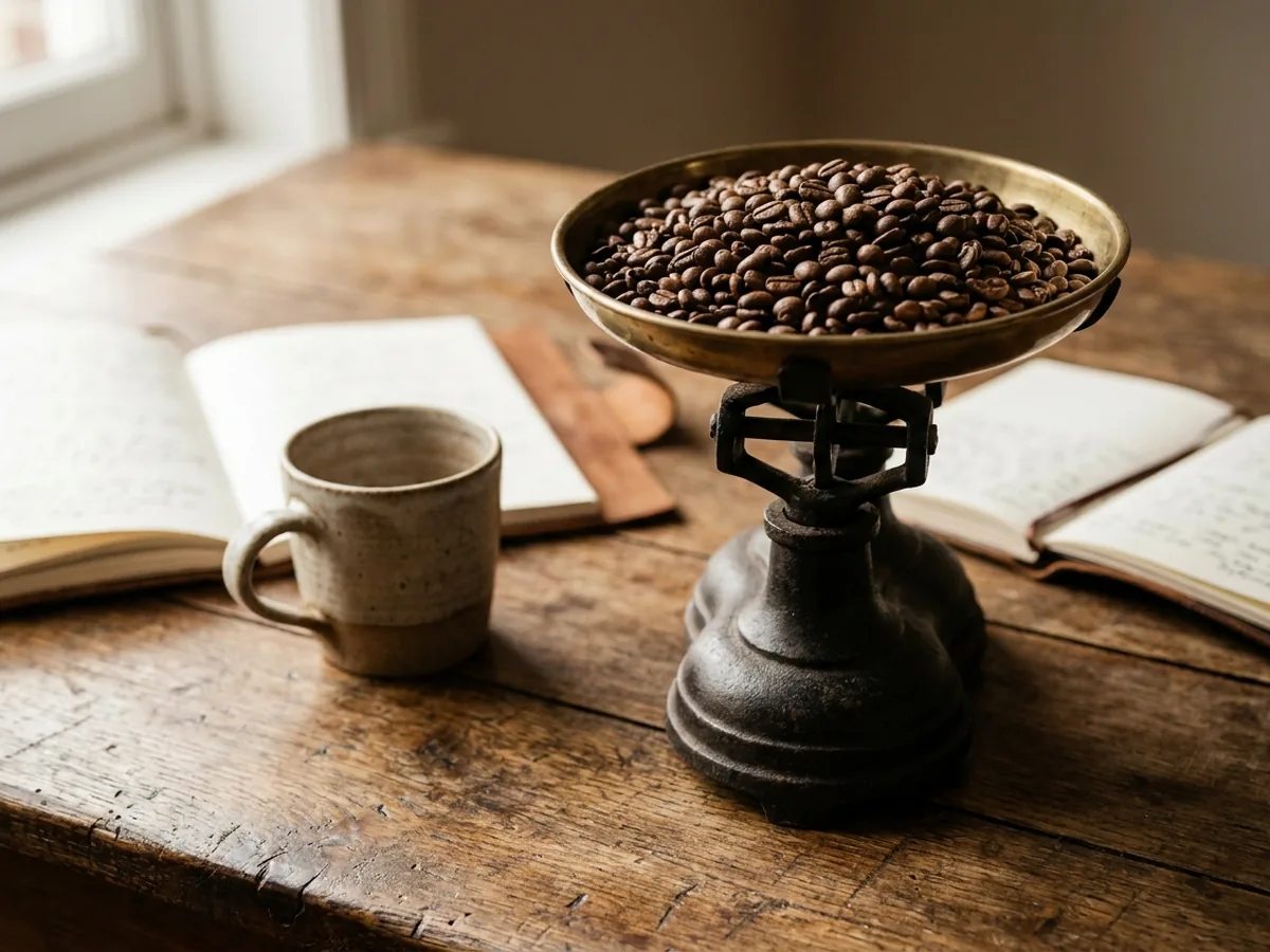 Petite balance de cuisine ancienne portant des grains de café torréfiés, à côté d'une tasse en grès et d'un carnet ouvert, sur une table en chêne patiné
