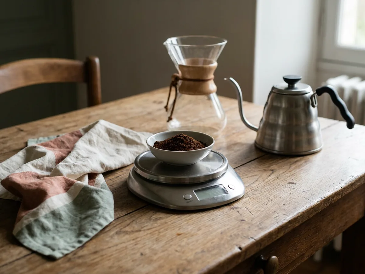 Balance de cuisine en inox portant un petit bol de café moulu, cafetière filtre en verre et bouilloire à col de cygne posées à côté