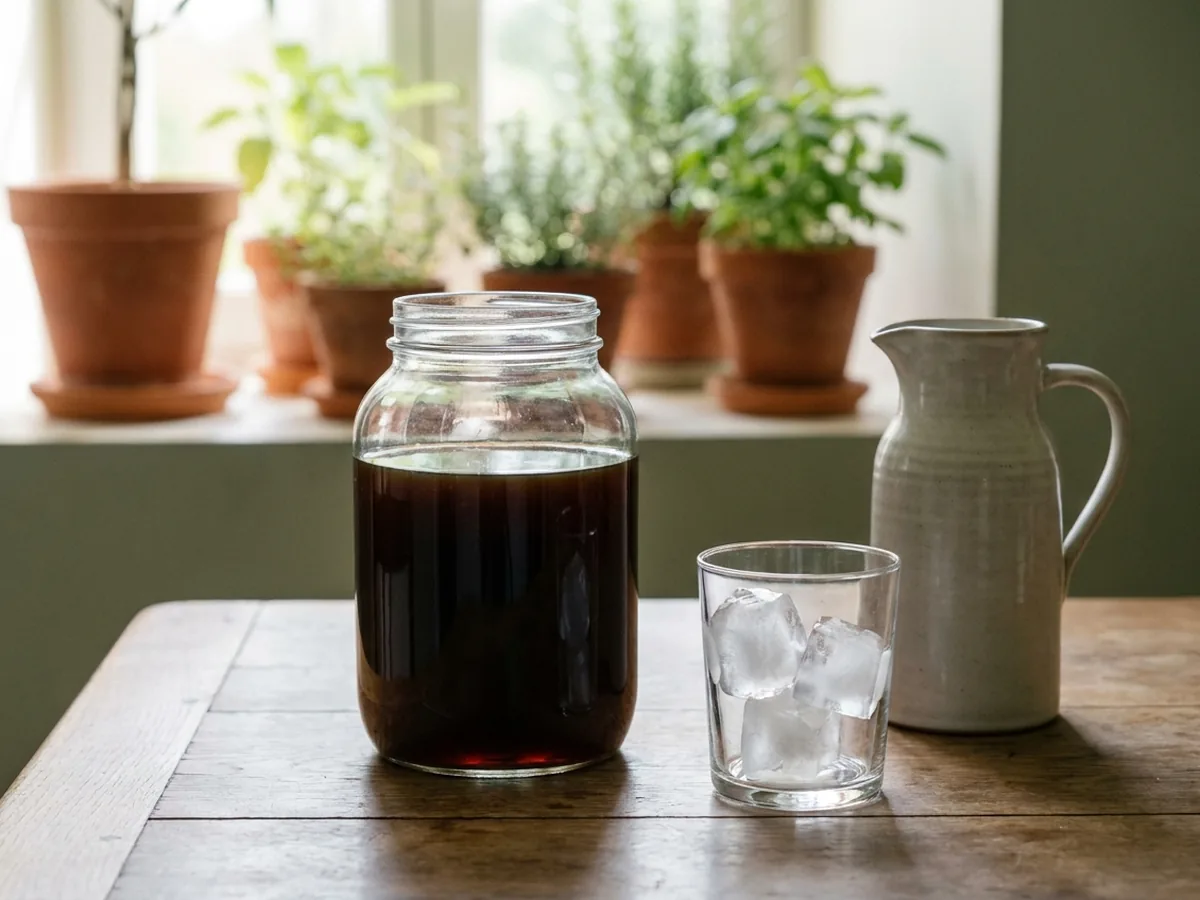 Bocal en verre rempli de café infusé à froid, foncé et limpide, posé sur une table en chêne patiné à côté d'un verre de glaçons et d'une carafe d'eau