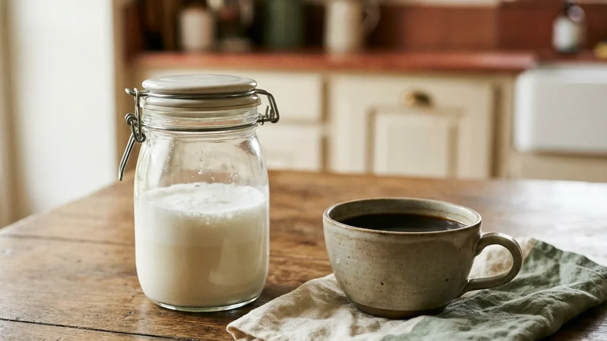 Bocal en verre à couvercle rempli au tiers de lait mousseux épais à côté d'une tasse en grès artisanal de café noir