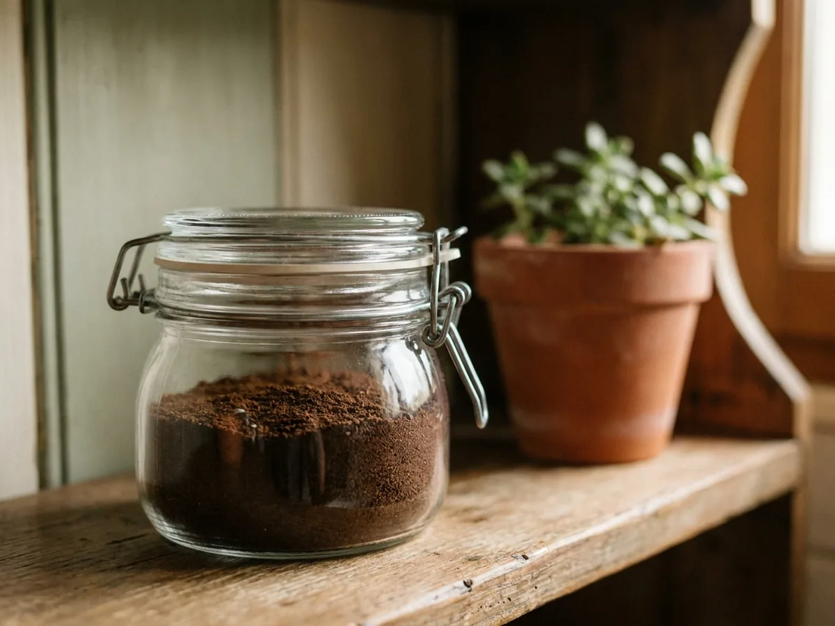 Bocal en verre à joint contenant du marc de café séché, fermé, posé sur une étagère en bois ancien
