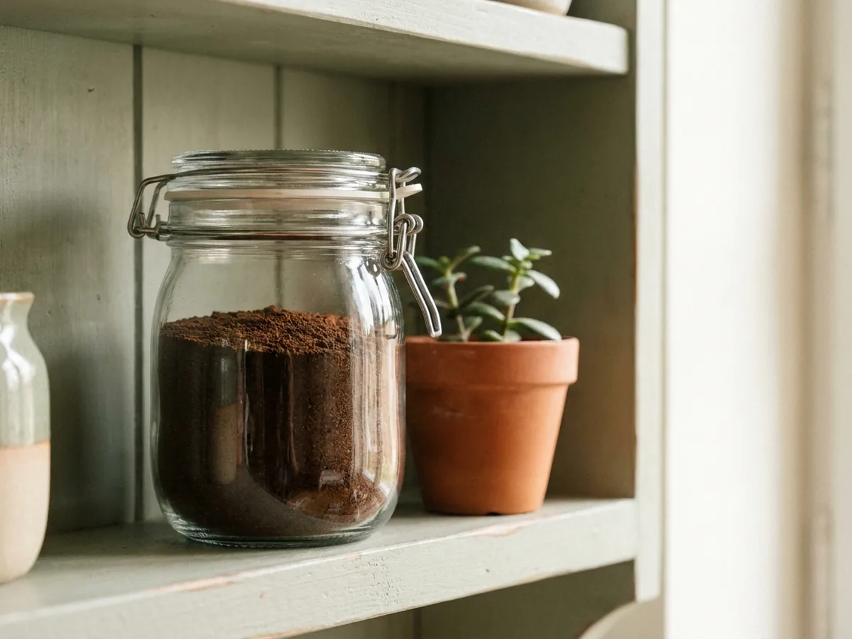 Bocal en verre rempli de marc de café sec, fermé, posé sur une étagère de cuisine à côté d'une petite plante en pot de terre cuite