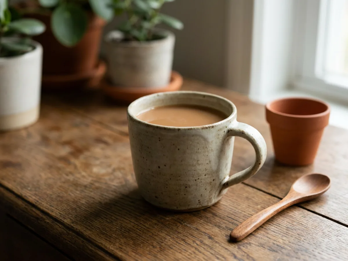 Tasse en grès artisanal remplie d'une boisson chaude brun clair posée sur une table en chêne patiné, une cuillère en bois et un petit pot en terre cuite à côté