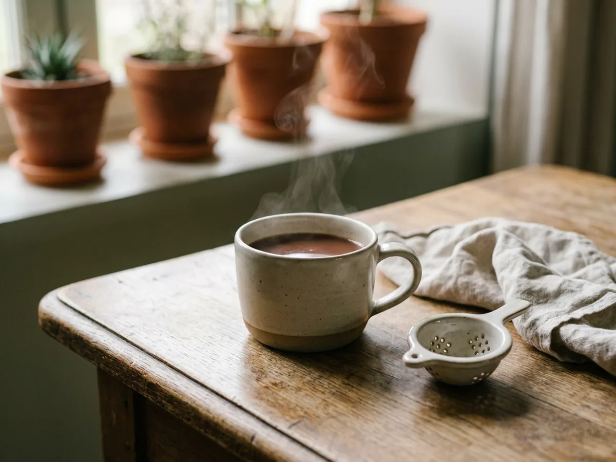 Tasse en grès artisanal remplie d'une boisson chaude brun foncé posée sur une table en chêne patiné, une petite passoire et un torchon en lin à côté
