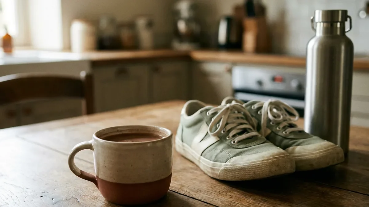 Tasse de boisson chaude brun profond en grès artisanal posée sur une table en chêne patiné, à côté d'une paire de chaussures de course et d'une gourde en inox
