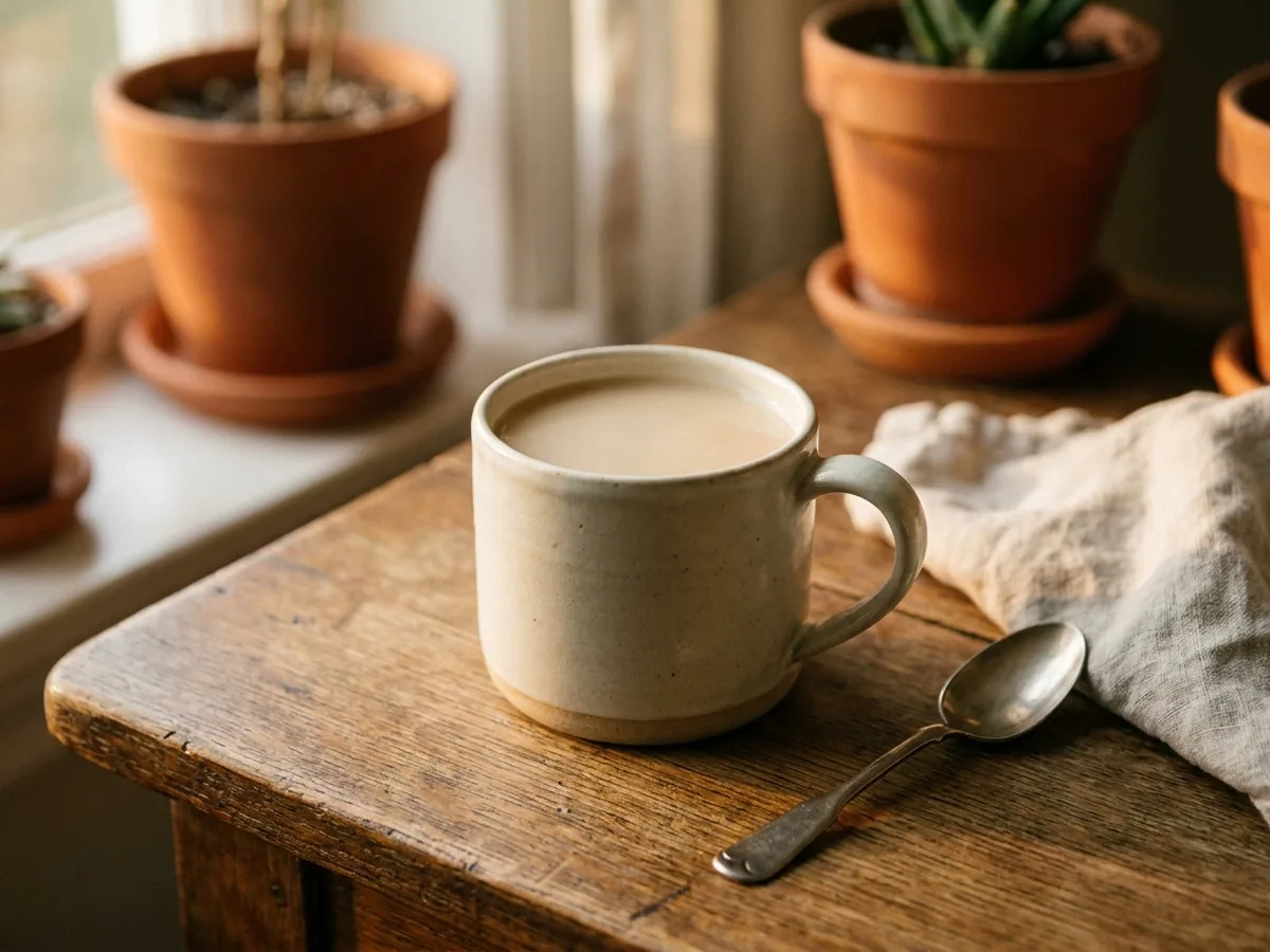 Mug en grès artisanal rempli d'une boisson lactée beige clair posé sur une table en chêne patiné, une cuillère et un torchon en lin à côté, lumière de fin de journée