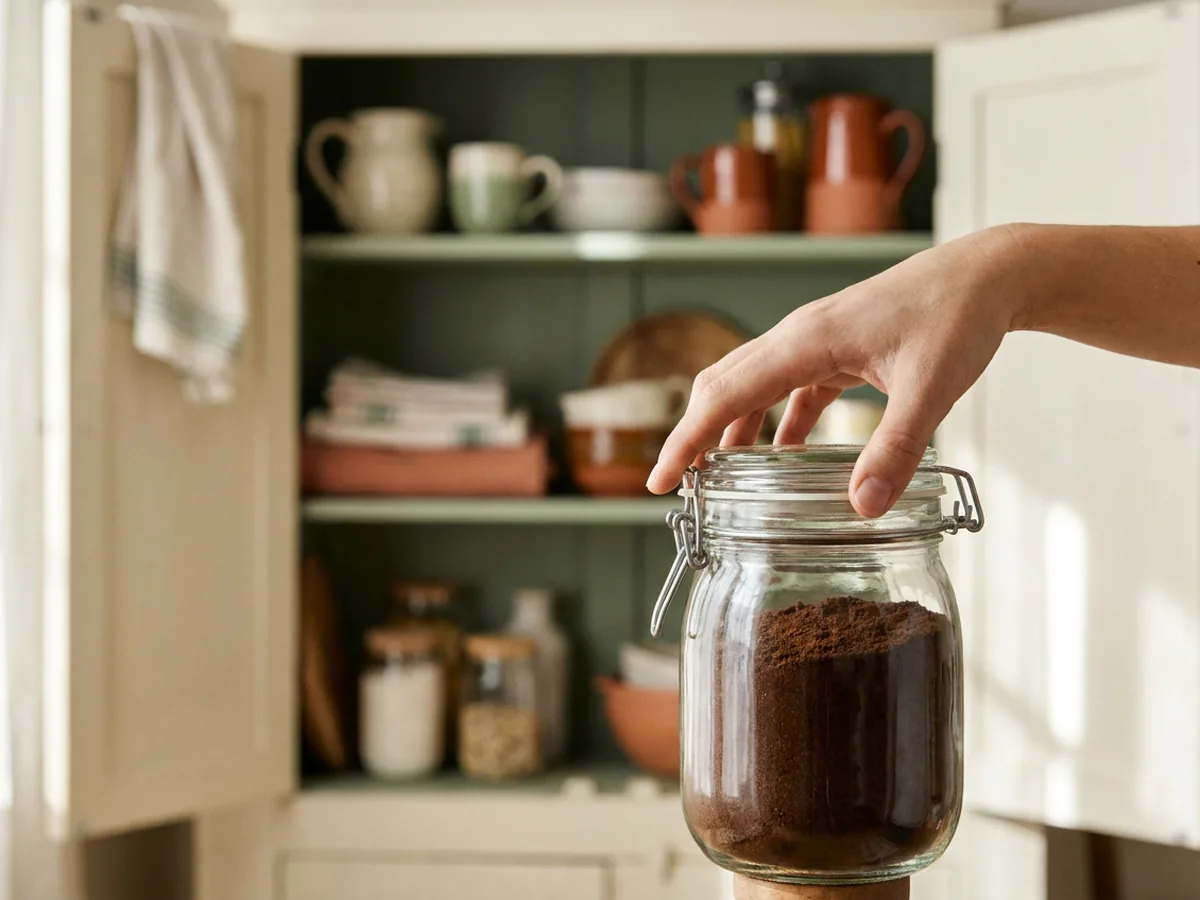 Une main referme une boîte hermétique en verre remplie de café moulu