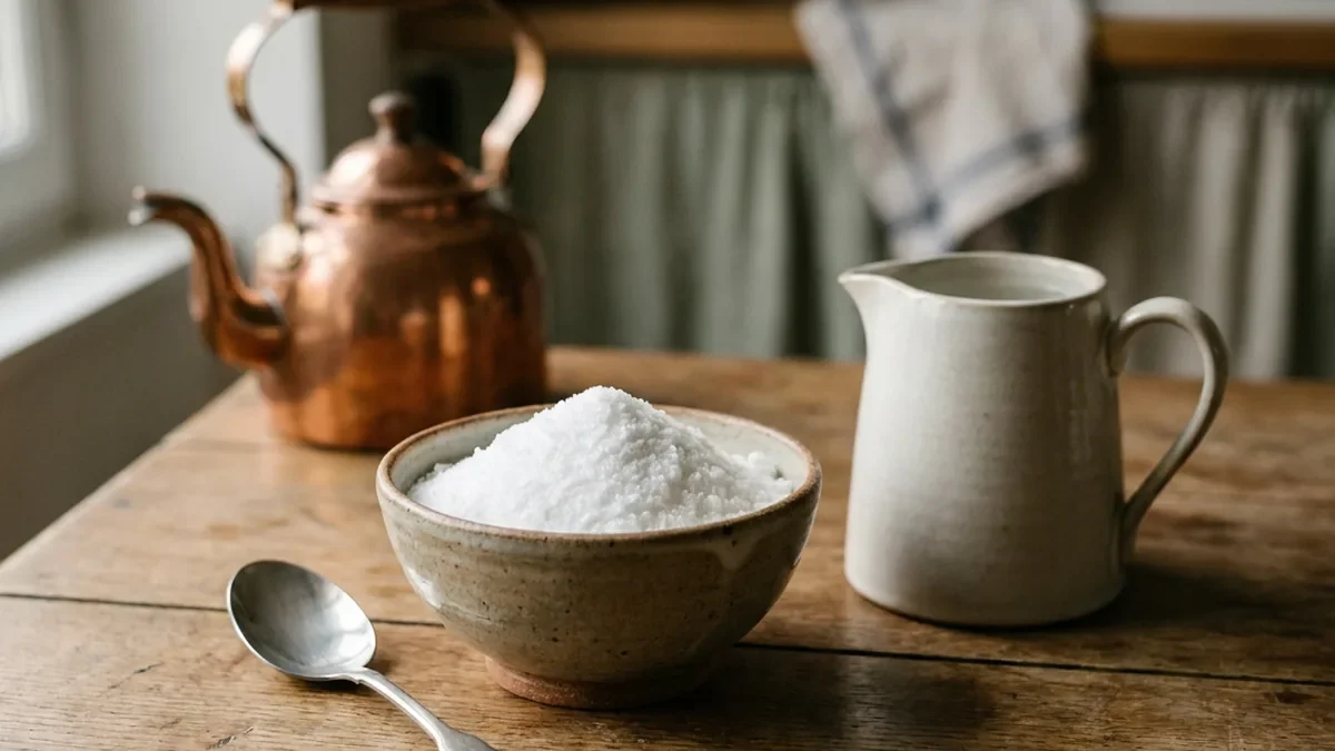 Bol en grès rempli d'acide citrique en poudre blanche cristallisée, cuillère à soupe en inox et pichet d'eau tiède posés sur une table en chêne patiné