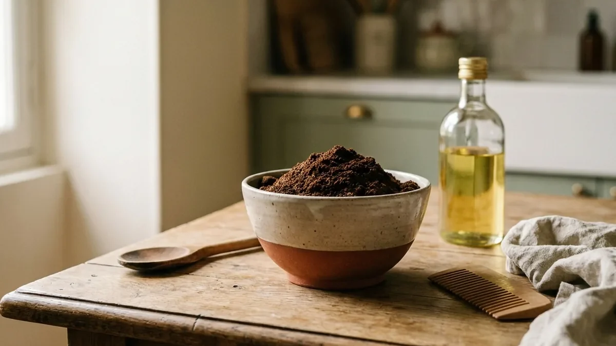 Bol en grès artisanal rempli de marc de café humide posé sur une table en chêne patiné, à côté d'une cuillère en bois, d'un flacon d'huile végétale et d'un peigne