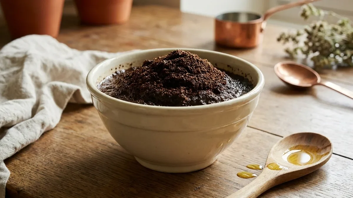 Bol en grès artisanal crème rempli de marc de café humide, une cuillère en bois à côté avec un filet d'huile végétale dorée