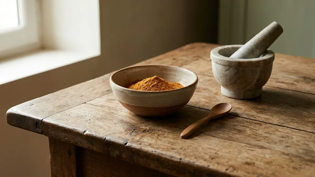 Nature morte sobre sur une table en chêne patiné, un bol en grès artisanal contenant une poudre brun orange, une petite cuillère en bois et un mortier en pierre