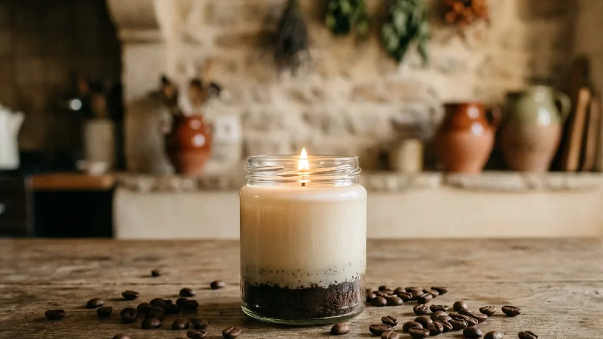 Bougie artisanale coulée dans un pot en verre avec une couche de marc de café au fond, mèche allumée