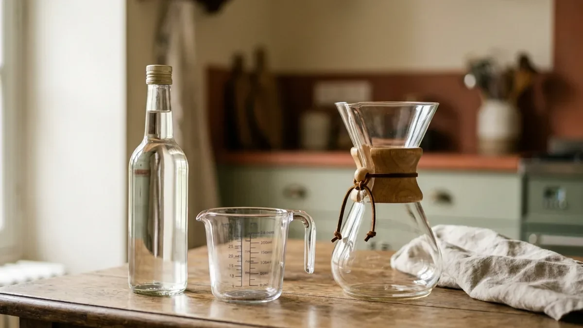 Bouteille de vinaigre blanc sans étiquette et verre doseur gradué posés à côté d'une cafetière filtre en verre sur une table en chêne patiné