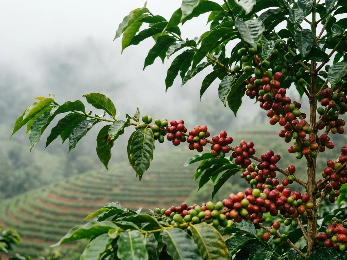 Branche de caféier chargée de cerises rouges et vertes, sur fond de plantation en terrasse noyée dans la brume de montagne