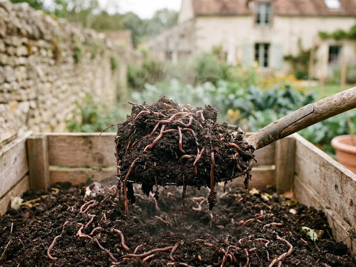 Fourche qui brasse un compost mûr et sombre dans un composteur en bois
