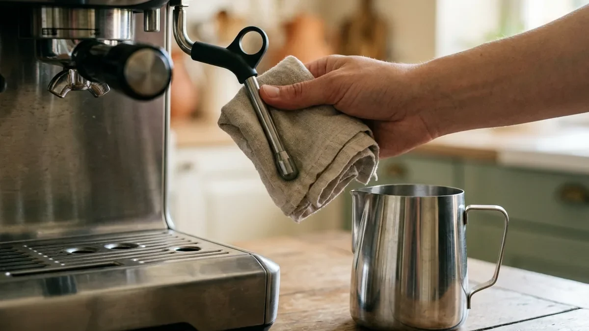 Buse vapeur en inox d'une machine expresso essuyée avec un chiffon en lin humide, pichet à lait posé à côté sur une table en chêne patiné