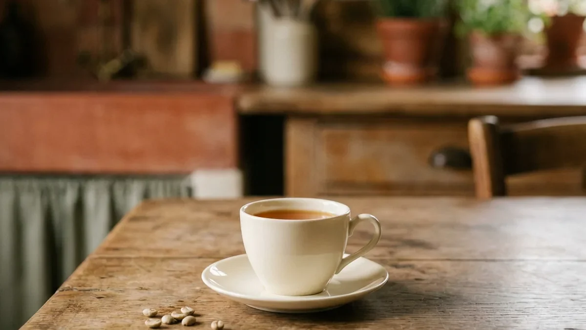 Petite tasse en porcelaine fine remplie d'un café filtre ambré et clair, quelques grains de café clairs éparpillés sur la table en chêne