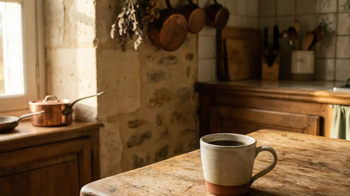 Tasse de café noir en grès posée seule sur une table en chêne dans une cuisine au petit matin, sans nourriture