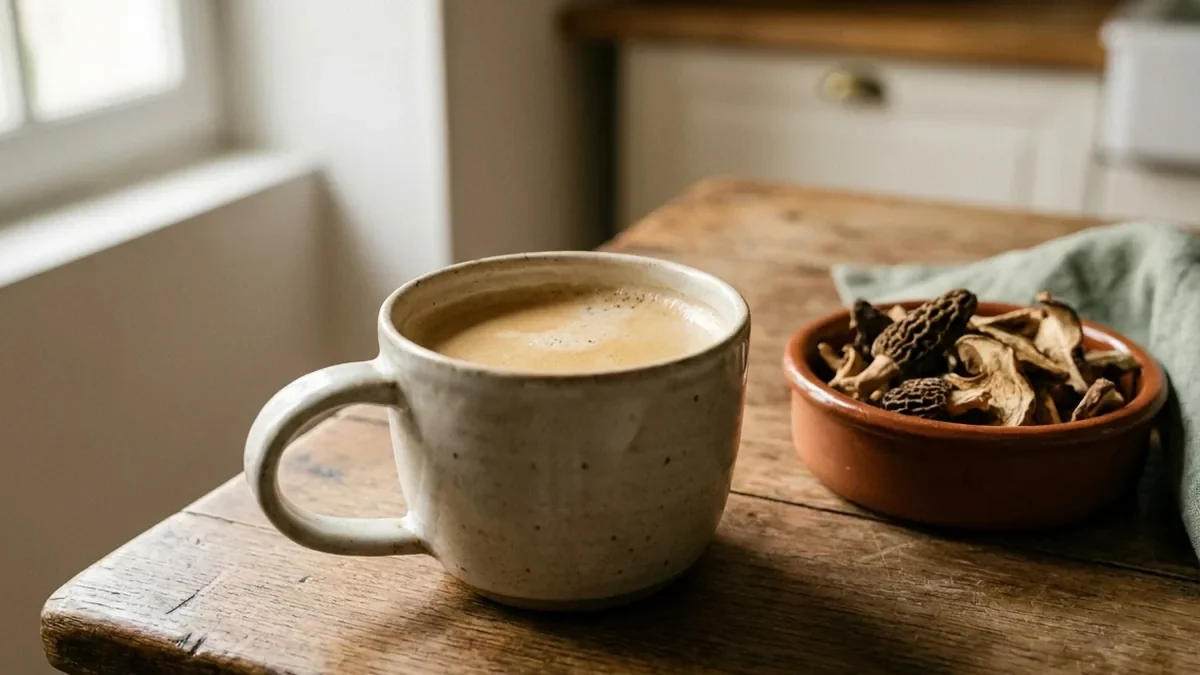 Mug en grès artisanal rempli d'un café brun clair légèrement mousseux, à côté d'une petite coupelle en terre cuite contenant des morceaux de champignons séchés