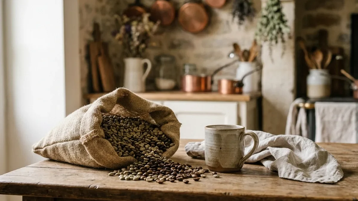 Sac en toile de jute ouvert rempli de grains de café verts et torréfiés sur une table en chêne, tasse en grès et torchon en lin