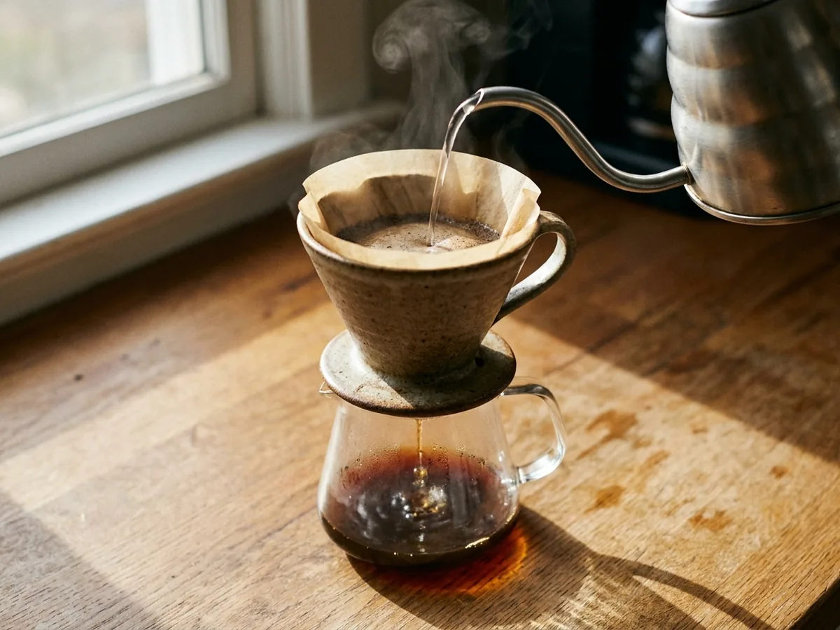 Café filtre coulant dans une carafe en verre à travers un filtre en papier posé sur un support en grès, vapeur légère