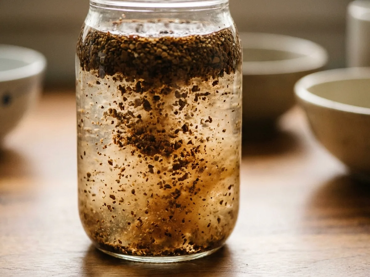 Café en mouture grossière qui rencontre l'eau froide dans un bocal en verre