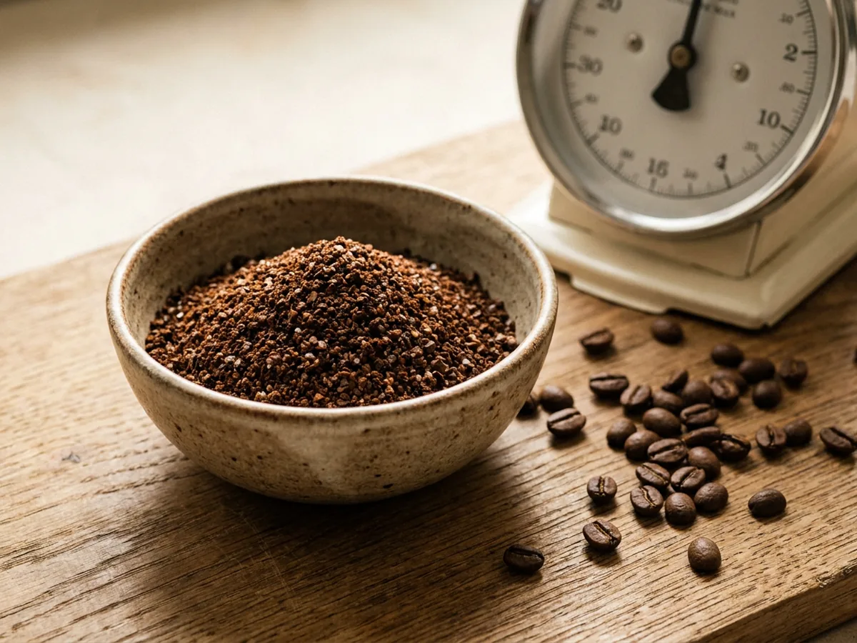 Gros plan sur du café moulu grossier, calibre gros sel, dans un bol en grès artisanal posé sur une planche en chêne, à côté d'une balance de cuisine