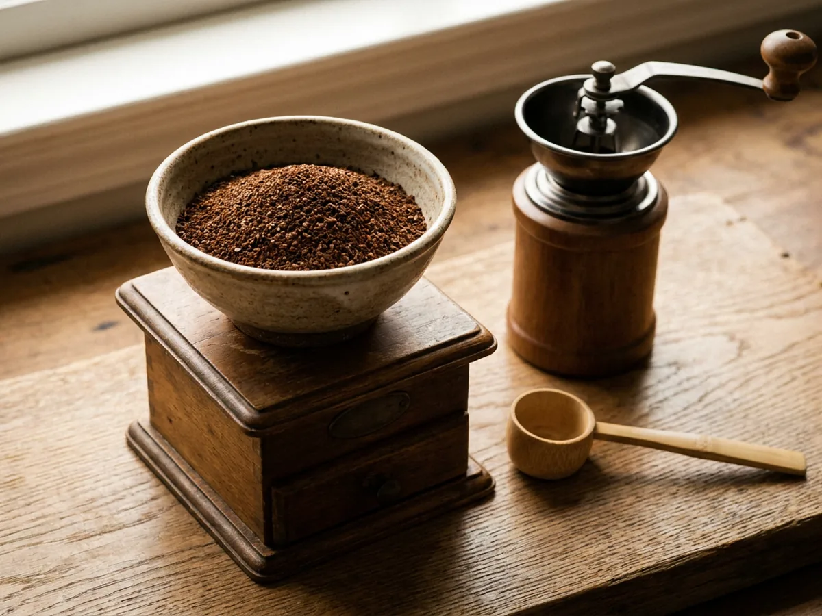Café moulu de texture moyenne dans un bol en grès posé sur une balance en bois, un moulin à manivelle et une cuillère en bambou à côté