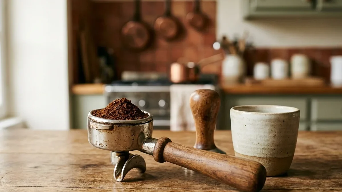 Porte-filtre d'espresso rempli de café moulu fin fraîchement tassé, à côté d'un tamper et d'une tasse en grès