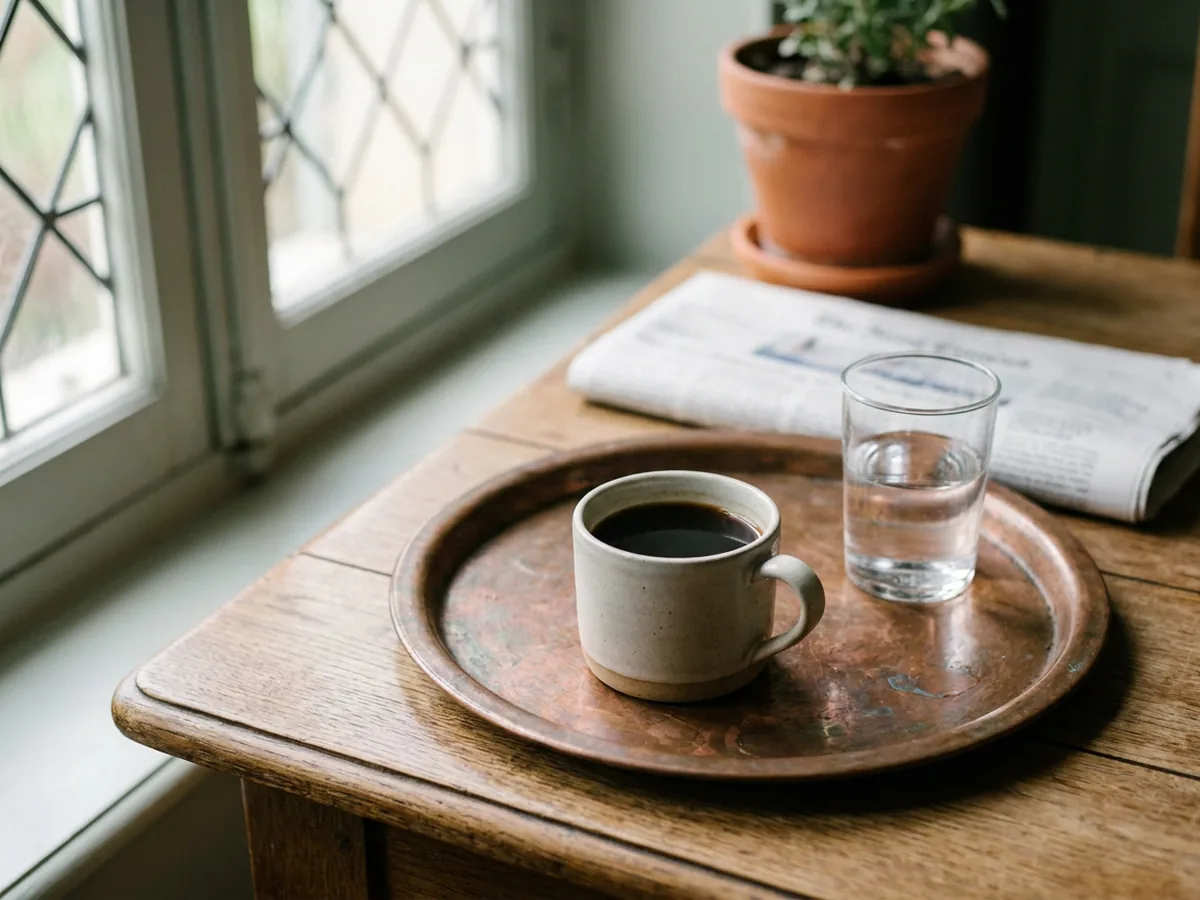 Petite tasse de café noir servie sur un plateau en cuivre patiné avec un verre d'eau, près d'une fenêtre à petits carreaux
