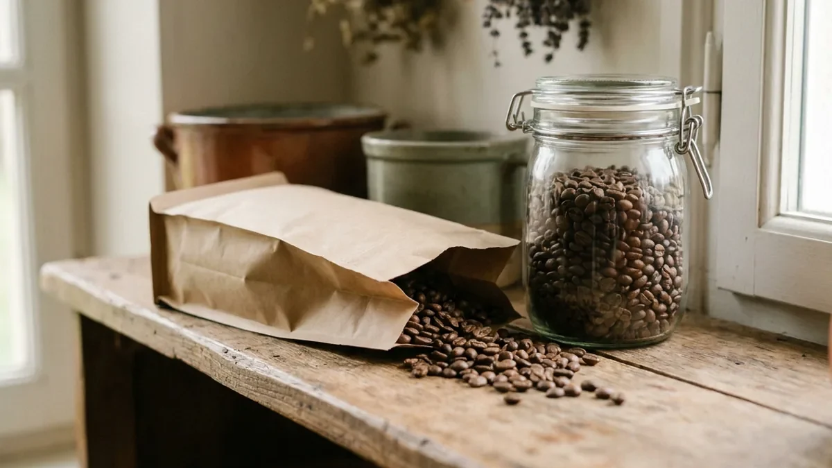 Paquet de café en papier kraft ouvert et boîte hermétique en verre remplie de grains, sur une étagère en bois