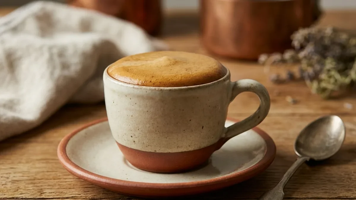 Petite tasse en grès artisanal remplie d'un café très court à la crema épaisse et brune, posée sur une soucoupe à côté d'une cuillère en métal ancien