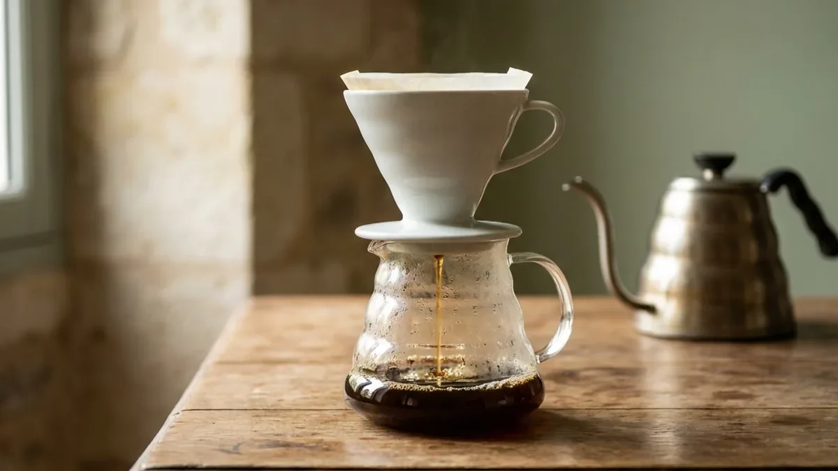 Dripper conique en céramique blanche posé sur une carafe en verre, café en train de s'écouler, bouilloire à col de cygne en arrière-plan