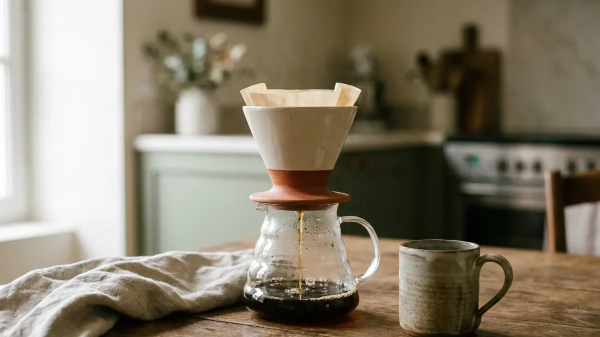 Cafetière à filtre en papier posée sur une table en chêne patiné, le café s'écoulant dans une carafe en verre, une tasse en grès artisanal à côté