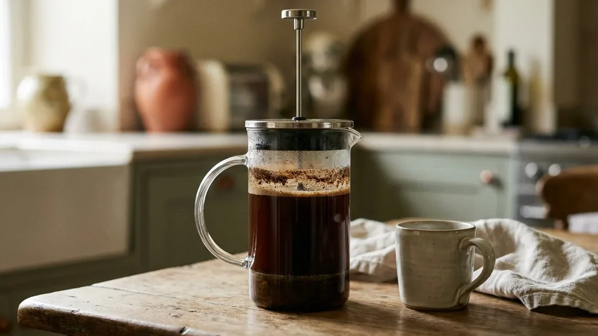 Cafetière à piston en verre borosilicate posée sur une table en chêne, le café en cours d'infusion avec la croûte de mouture visible en surface, piston relevé