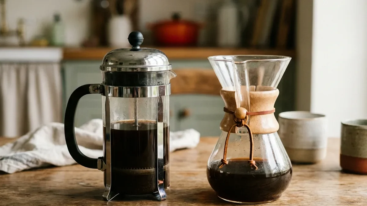 Cafetière à piston en verre et inox et cafetière filtre en verre posées côte à côte sur une table en chêne patiné, café fraîchement préparé dans les deux