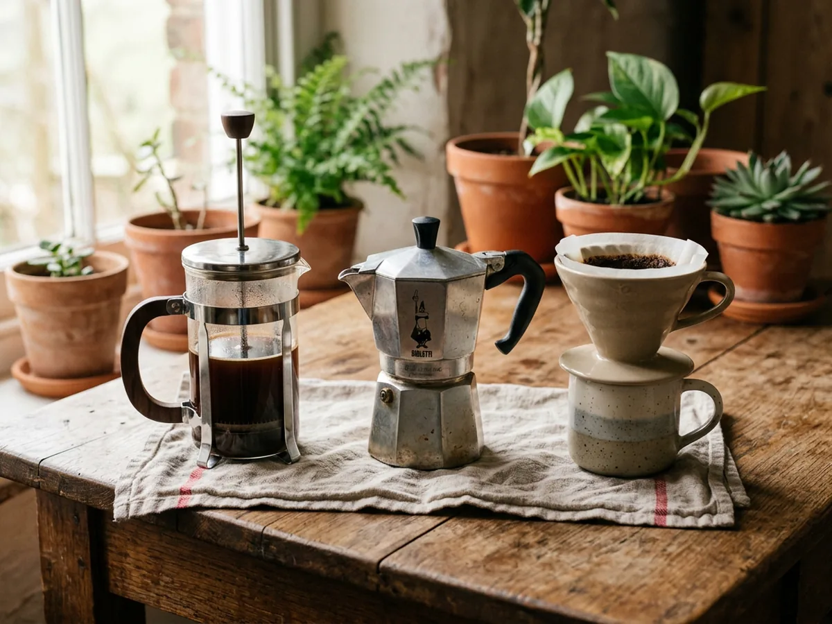 Cafetière à piston, cafetière italienne en aluminium et porte-filtre conique V60 en céramique alignés sur une table en chêne patiné