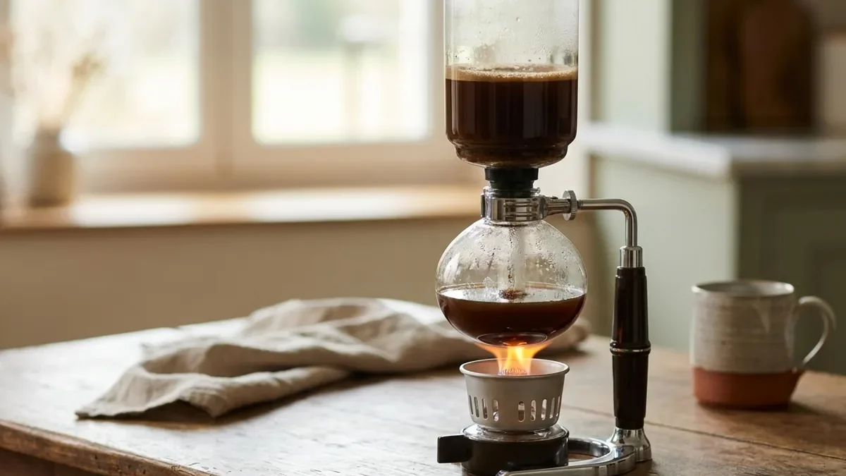 Cafetière à siphon en verre transparent, le café en cours d'extraction dans la chambre supérieure, petite flamme du brûleur visible en dessous