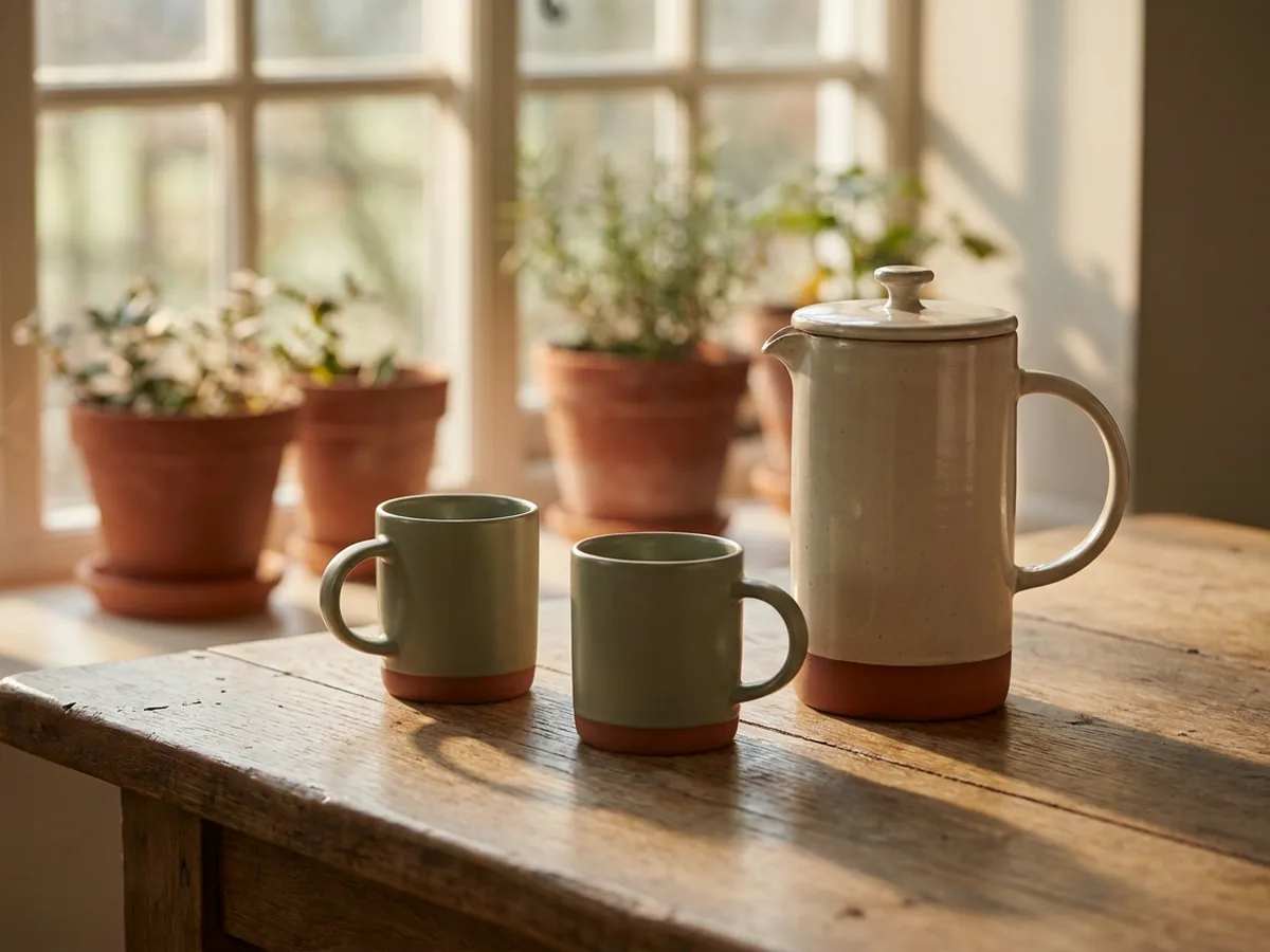 Cafetière et deux tasses en grès artisanal sur une table en chêne patiné, près d'une fenêtre à petits carreaux où la lumière décline, ombres longues