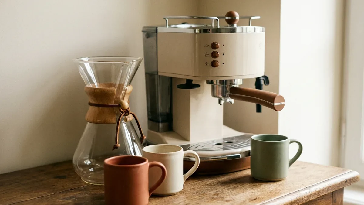 Cafetière filtre en verre et machine à espresso à porte-filtre posées côte à côte sur un plan de travail en chêne patiné
