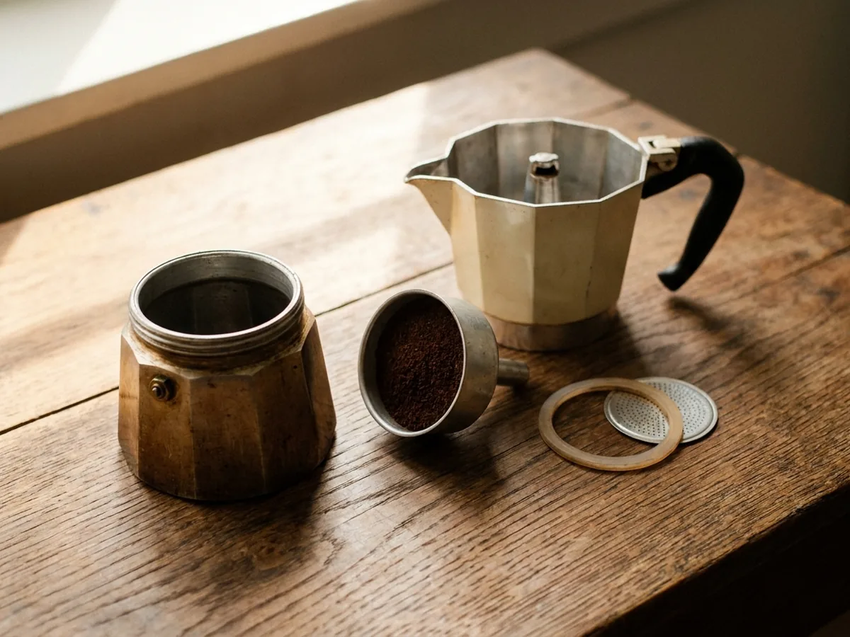 Cafetière italienne démontée et posée à plat sur une planche en chêne, réservoir, filtre en entonnoir et chambre haute, joint et petit filtre métallique visibles à côté