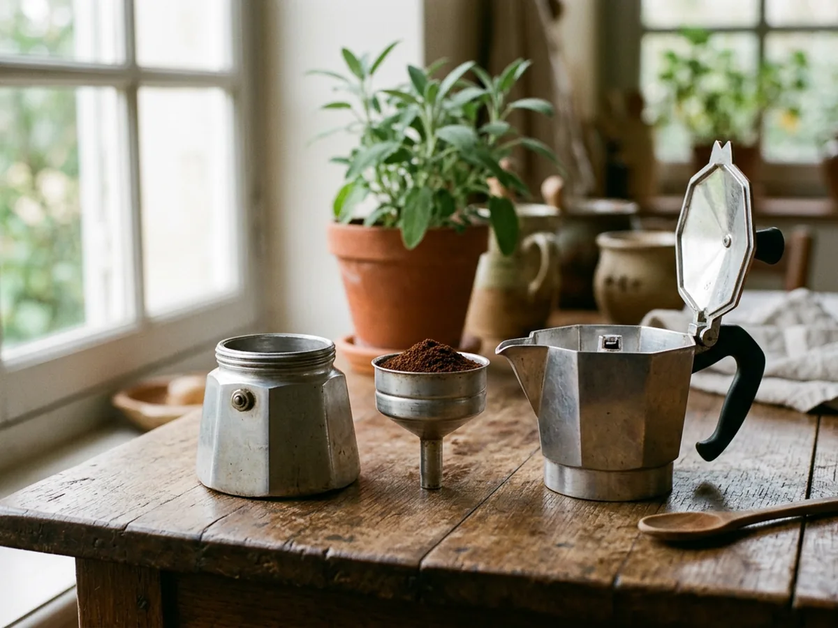 Cafetière italienne démontée en trois parties, réservoir, filtre en entonnoir garni de café moulu et chambre haute, posées côte à côte