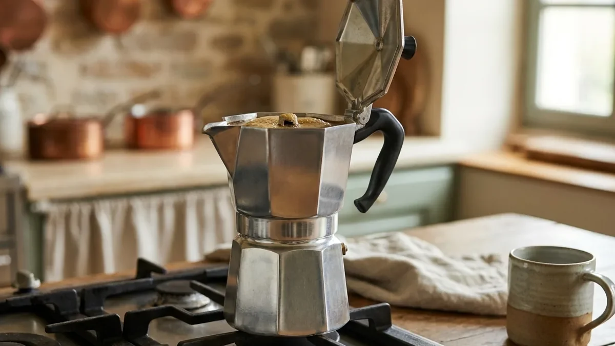 Cafetière italienne en aluminium posée sur une gazinière, couvercle ouvert, le café monte dans la chambre haute