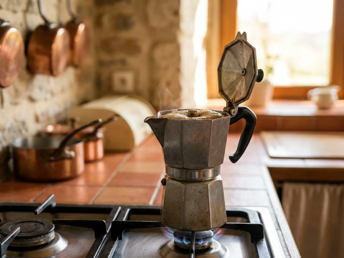 Cafetière italienne sur une plaque à feu doux, café qui monte, couvercle ouvert