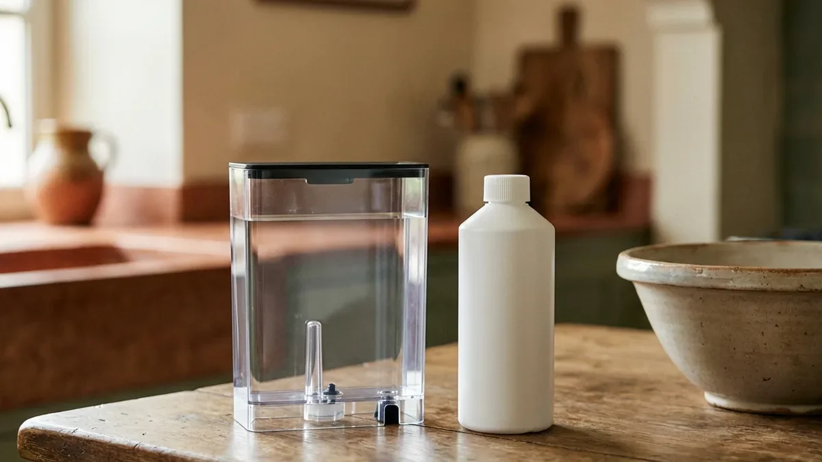 Réservoir d'eau transparent d'une machine à café automatique à côté d'un flacon de détartrant et d'un grand bol