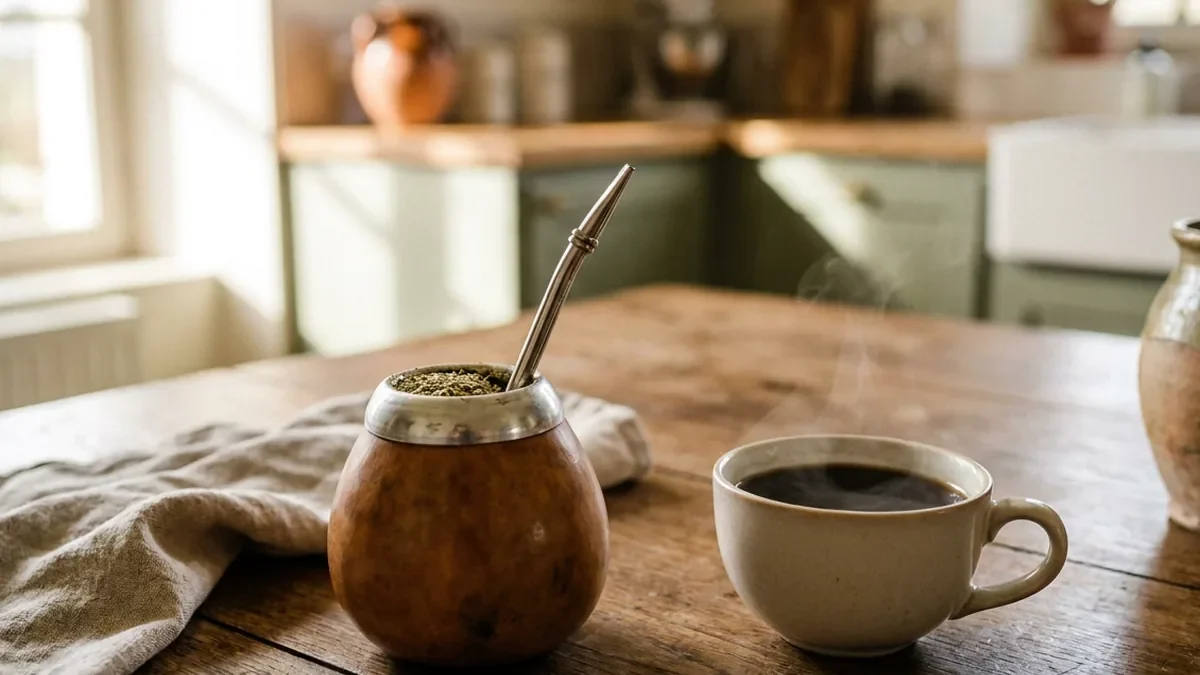 Calebasse en gourde naturelle garnie de yerba maté avec sa bombilla en métal, posée à côté d'une tasse de café noir fumant sur une table en chêne