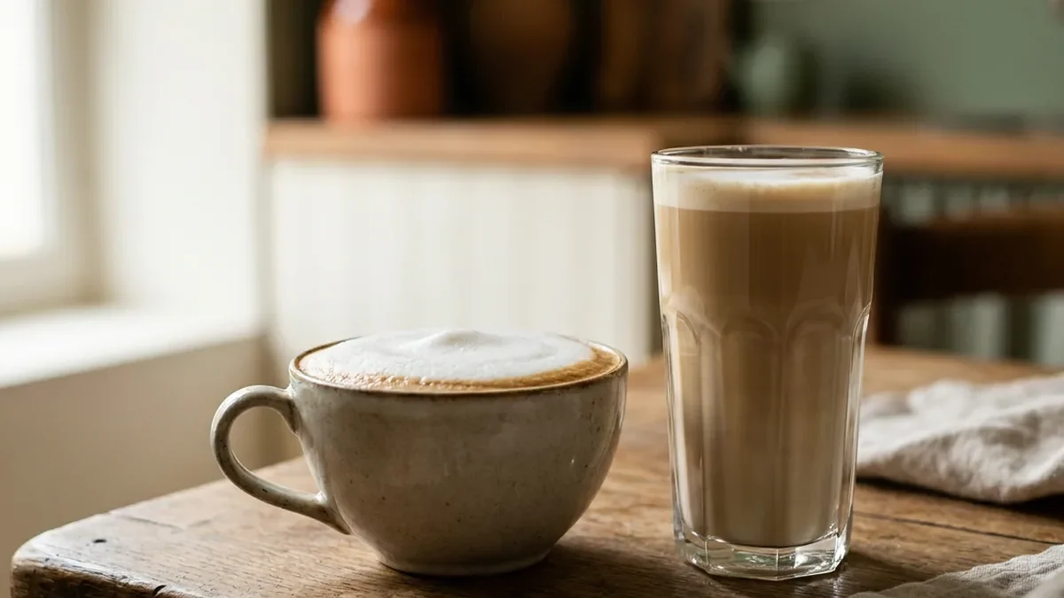 Un cappuccino en tasse large et un café latte en verre haut posés côte à côte sur une table en chêne patiné, la différence d'épaisseur de mousse bien visible